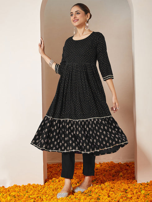 Janasya Women's Black Rayon Gold Printed Anarkali Kurta Set
